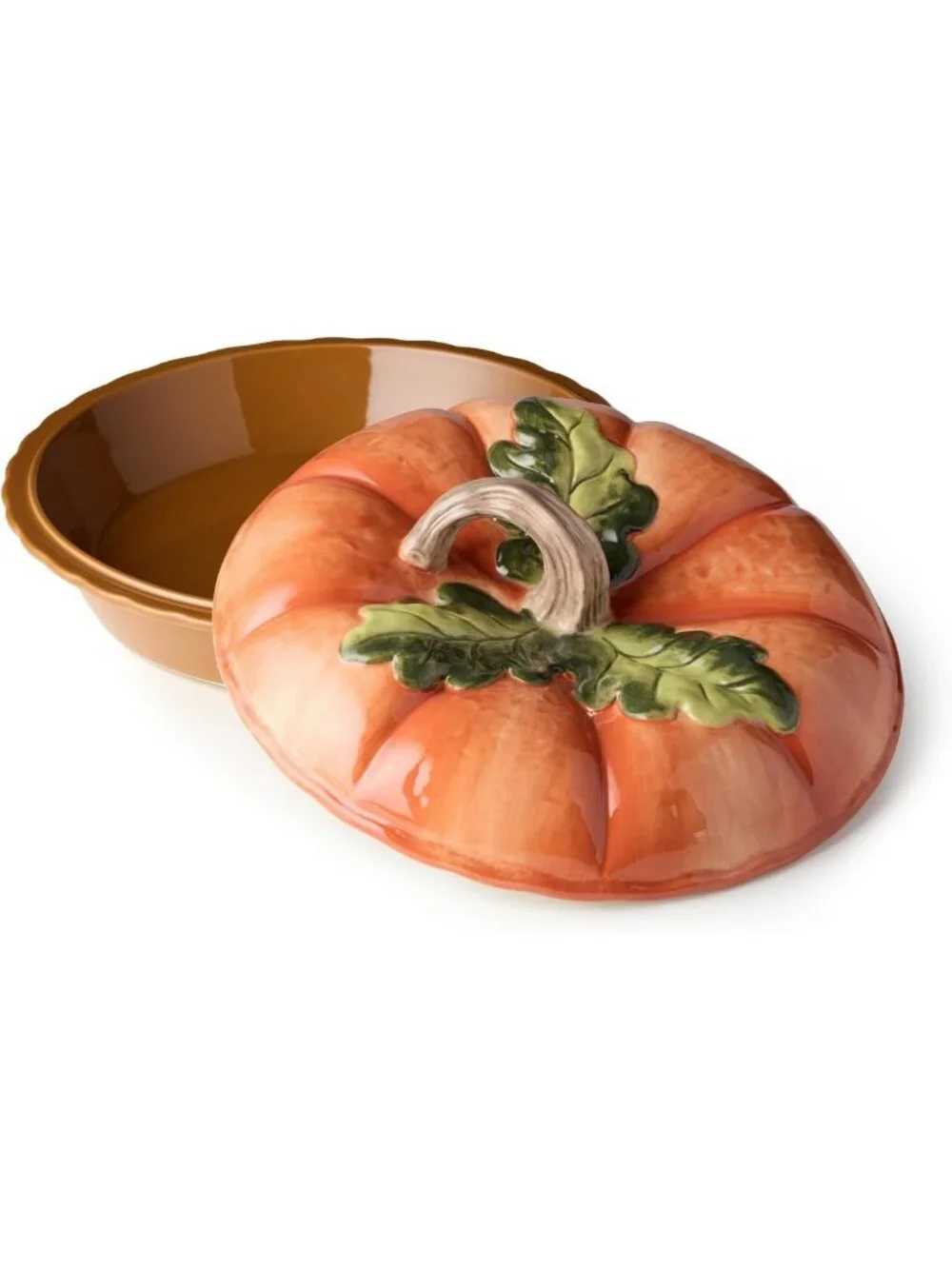 Festive 3D Pumpkin Pie Carrier - 10.5” Ceramic Dish with Lid for Baking